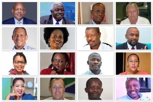 A photo collage of Charles Mbire, Wasswa Birigwa, Aimable Mpore, Noel Meier, Hans Paulsen, Susan Nsibirwa, Yesse Oenga, Phillip Besiimire, Cesear Mloka, Sheila Kangwagye, Justina Ntabgoba, Rita Okuthe, Erik van Veen, Isaac Nsereko, and Aggrey Kagonyera. These were the men and women who stood on the frontline to set the ball rolling to build the shape of the telecom sector today.