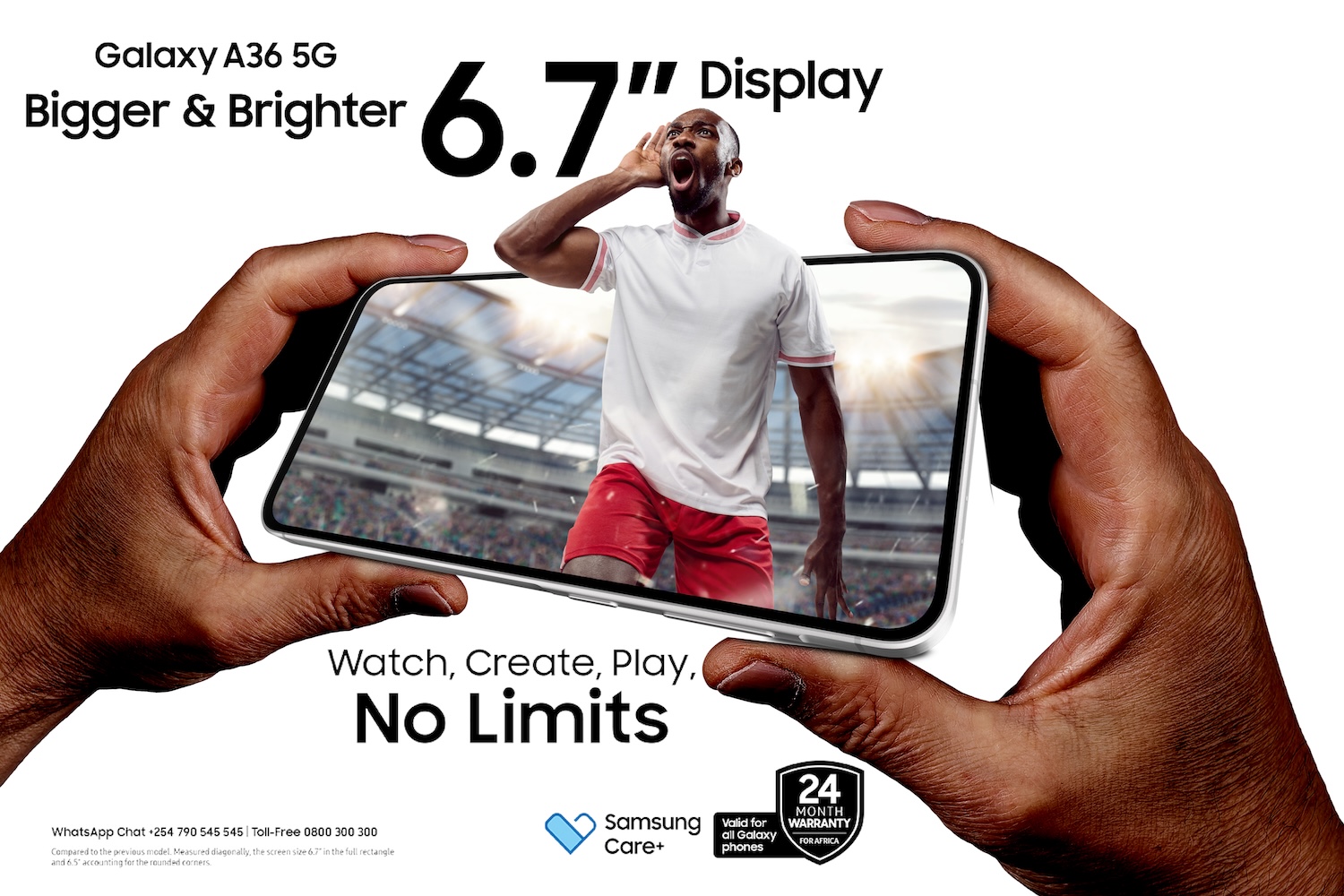 galaxy-a36-5g-01-jpg-1 Hands holding a Samsung Galaxy A36 5G smartphone with a football player in red shorts and a white jersey appearing to burst out of the screen inside a stadium, highlighting its 6.7-inch display.