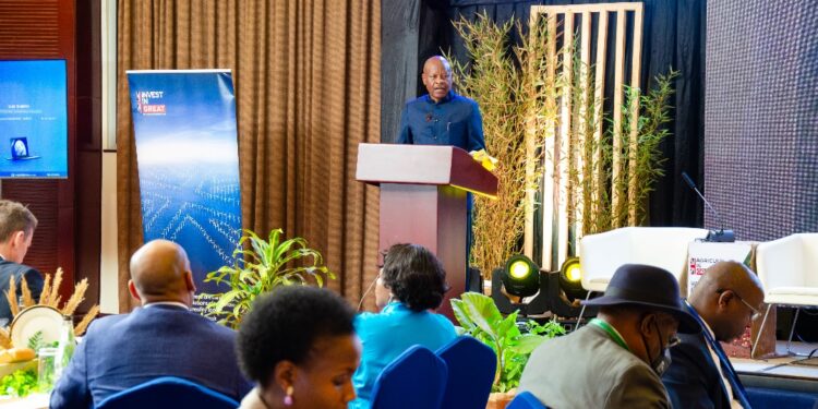 Minister of State for Trade, Gen. Wilson Mbasu Mbadi, speaks during the UK-Uganda Agro-Industrialization Forum on Wednesday.