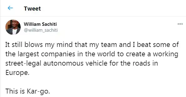 Zimbabwean- born entrepreneur’s driverless delivery vehicle completes maiden journey in the UK 1 TWEET BY WILLIAM SACHITI